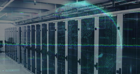 Image of data processing and globe over servers