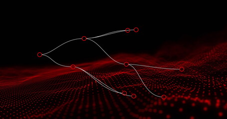 Network of connections over red digital wave floating against black background
