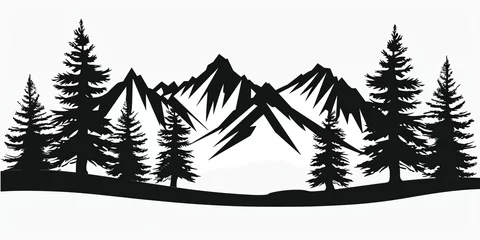 Foto op Plexiglas Bergen Black silhouette of mountains and fir trees camping adventure wildlife landscape panorama illustration icon  for logo, isolated on white background, Generative AI 