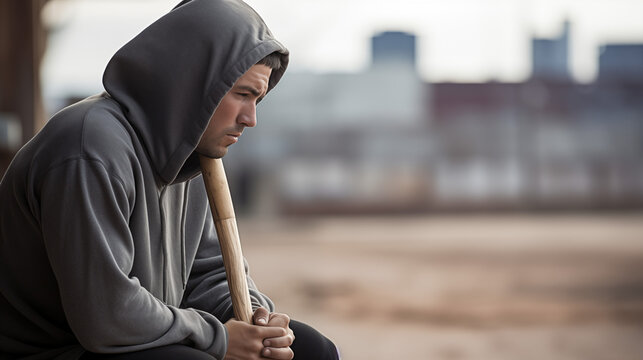 A contemplative man in a grey hoodie leaning on a baseball bat, looking off into the distance in a desolate urban setting.
