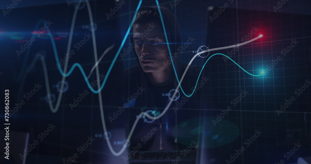 Poster image of data processing over caucasian male hacker