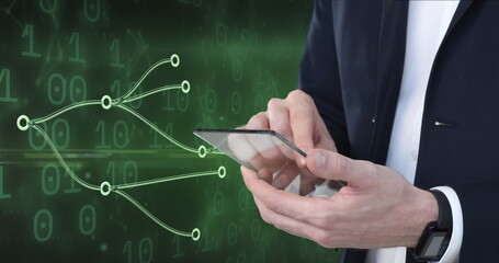 Image of hands of caucasian businessman using smartphone over connections and binary code