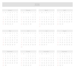 Monthly calendar of year 2030. Week starts on Sunday. Block of months. Simple thin minimalist design. Vector illustration.