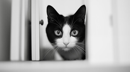 Curious cat with wide eyes balancing on a narrow door, showcasing its agility and playful nature