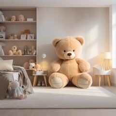 Cute teddy bear sitting on the bed in the children's room. Modern interior design.