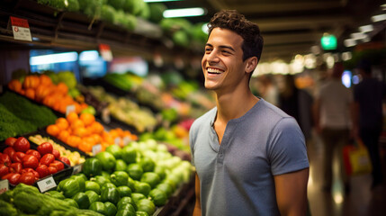 Joyful Shopping: A Vibrant Young Man Navigating Through a Busy Supermarket