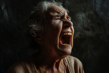 Elderly woman screaming in intense pain and sorrow