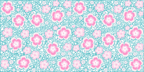 Seamless floral pattern. White and pink flower on mint background. Holiday Wallpaper. Good for textile fabric design, wrapping paper, website wallpapers, textile, wallpaper and apparel. Vector 