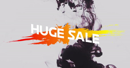 Image of huge sale text over black liquid on white background