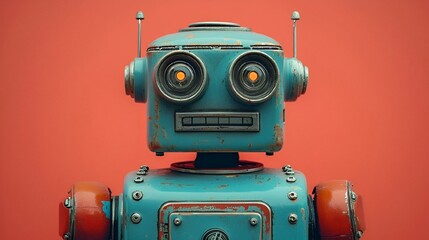 the face of a robot is seen on an orange background