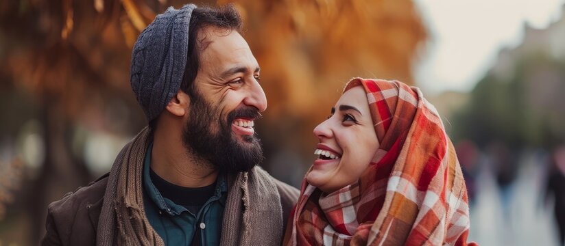 Arabic man and European Caucasian woman, a couple in love, smiling outdoors.