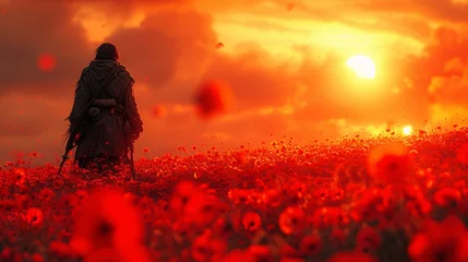 Fotobehang Red Sunset in a Field of Flowers: A Stunning Scene for a September Evening Generative AI © Bipul