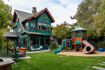 Fototapeta na wymiar A side angle view of a craftsman house in a deep sea green, with a backyard that includes an under-the-sea themed playground with a submarine structure.