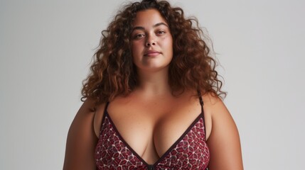 Plus size female model in bra on a white background. Photo in fashion editorial style
