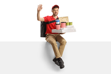 Food delivery guy with a bag and boxes sitting on a blank panel and waving