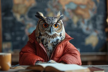Owly - A Funky Owl in a Red Coat, Ready for a Monthly Book Club Meeting Generative AI