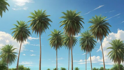 A vibrant 3D illustration featuring tall palm trees against a clear blue sky. Ideal for travel or vacation themes