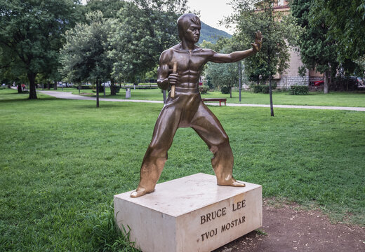 Mostar, Bosnia and Herzegovina - August 25, 2015: Bruce Lee statue in Mostar city park