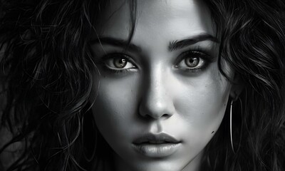 Fototapeta premium A captivating monochrome portrait of a beautiful young woman emanates sensuality in the foreground