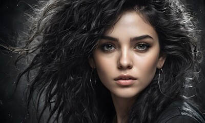 Fototapeta premium An artistic photo of a woman with her hair blowing in the wind on a black background