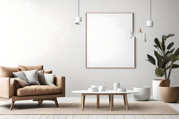 Fototapeta na wymiar Explore the allure of modern minimalism in a living room setting, featuring Scandinavian influences, an empty wall mockup, and a white blank frame ready for customization.