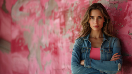 Portrait of a beautiful woman in a denim jacket on a pink grunge wall background.