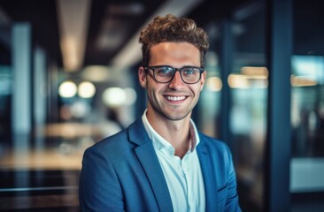 Obraz premium a happy Businessman wearing glasses , Confident entrepreneur, against blurred background