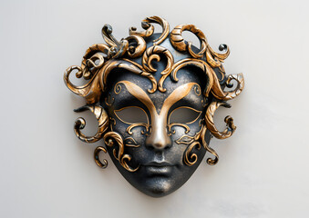 a gold and ornate mask with ornate details and on a white background