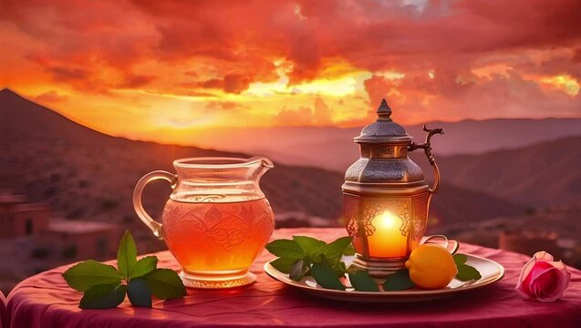 a pot of morocoan mint tea with lemon juice and a rose on a table and lanterns in the mountains with a beautiful sunset 4k