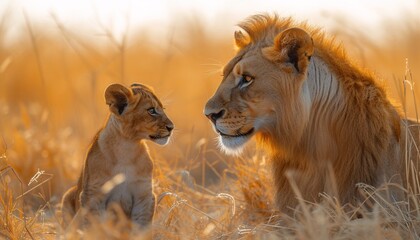 Lion King - A lion and a baby lion standing together in the wild. Generative AI