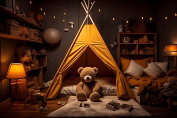Night view of a children's bedroom filled with toys, a cuddly teddy bear, and a charming tent, evoking a sense of warmth and joy