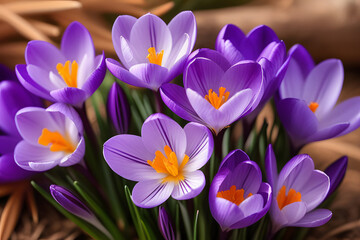 Purple Crocus Flowers in Full Bloom Against Beautiful Blurry Background with Soft Focus Effect