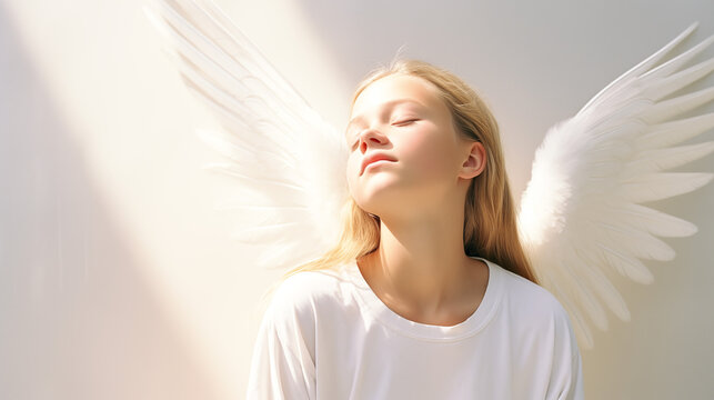 A contemplative adolescent with an angelic expression looking towards a light, symbolizing guidance and future possibilities