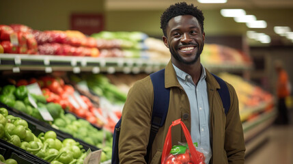 Healthy Lifestyle: Man Enjoying Fresh Produce Shopping Experience at Supermarket