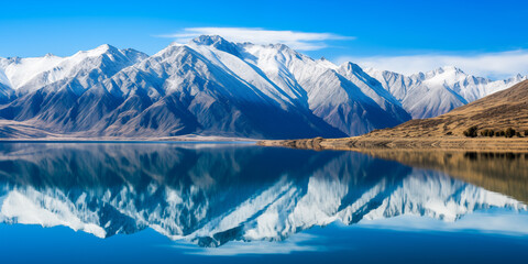 A mountain range reflected in a pristine lake