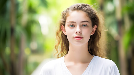 Naklejka premium Serene teenager radiates calmness and relaxation amidst serene tropical environment.