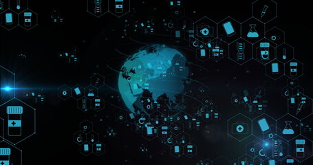 Image of medical icons and globe on black background