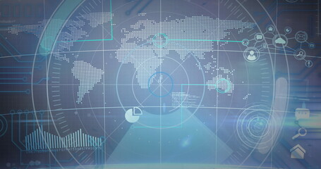 Round scanner over digital icons and world map on blue background