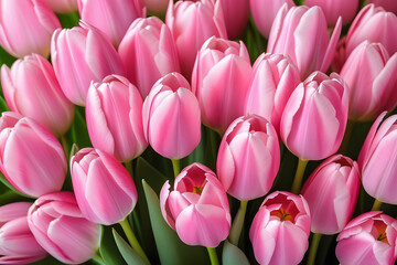 Fototapeta premium Beautiful Close-up of Pink Tulips in Full Bloom with Green Leaves.