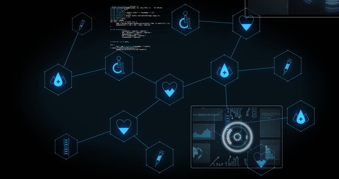 Image of medical icons and data processing on black background
