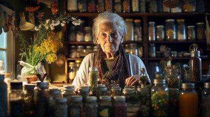 Elderly Woman Embracing Holistic Health in Herbal Corner, Radiating Vitality and Wellness