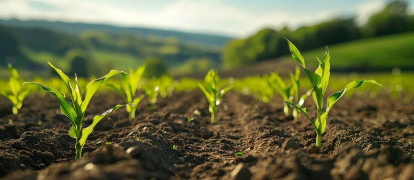 Low angle view selective focus of young corn seedlings in a clean agricultural field
