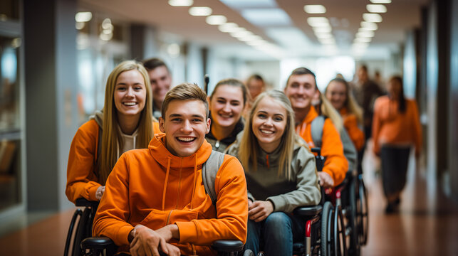 A teenage student helping another with a wheelchair navigate through the school hallway
