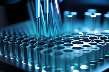 Blue and pink pipette tips filling test tubes with blue liquid in a lab closeup
