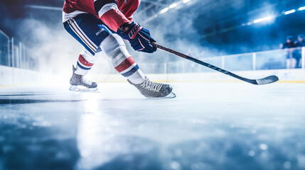Ice hockey rink action with player and puck