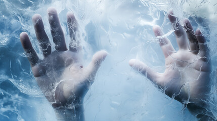 Hands trapped under ice, symbolic of struggle