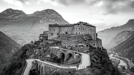 Scenic view of the magnificent Forti di Bard (Bard Fort) in Valle d'Aosta, Italy, in grayscale