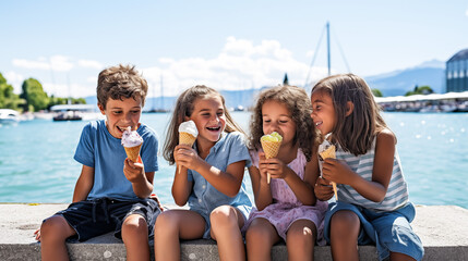 Happy children with ice cream sitting by the water
