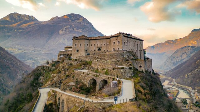 Scenic view of the magnificent Forti di Bard (Bard Fort) in Valle d'Aosta, Italy