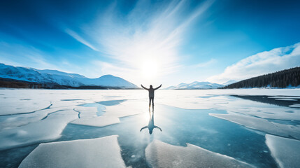 Person with arms outstretched standing on clear blue ice of a frozen lake - Powered by Adobe
